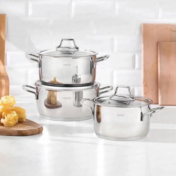 NEHİR SİLVER ÇELİK TENCERE SETİ 8 PARÇA 18-20-24-24