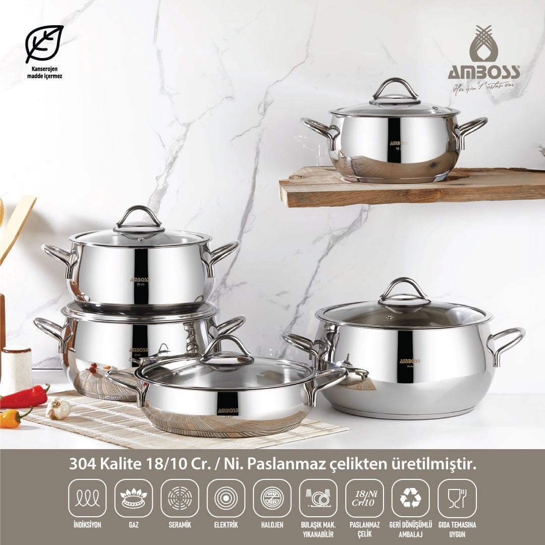 AMBOSS MOON 10 PARÇA ÇELİK TENCERE SETİ 18-20-22-24-24