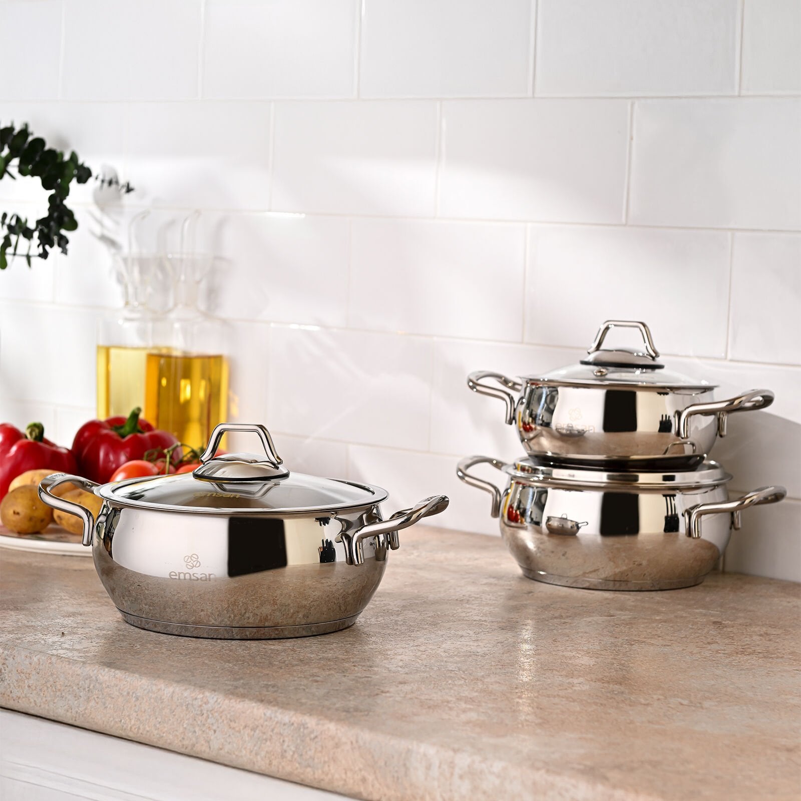 EMSAN CEMRE MİDİ ÇELİK TENCERE SETİ 14-16-18 GÜVEÇ MODEL